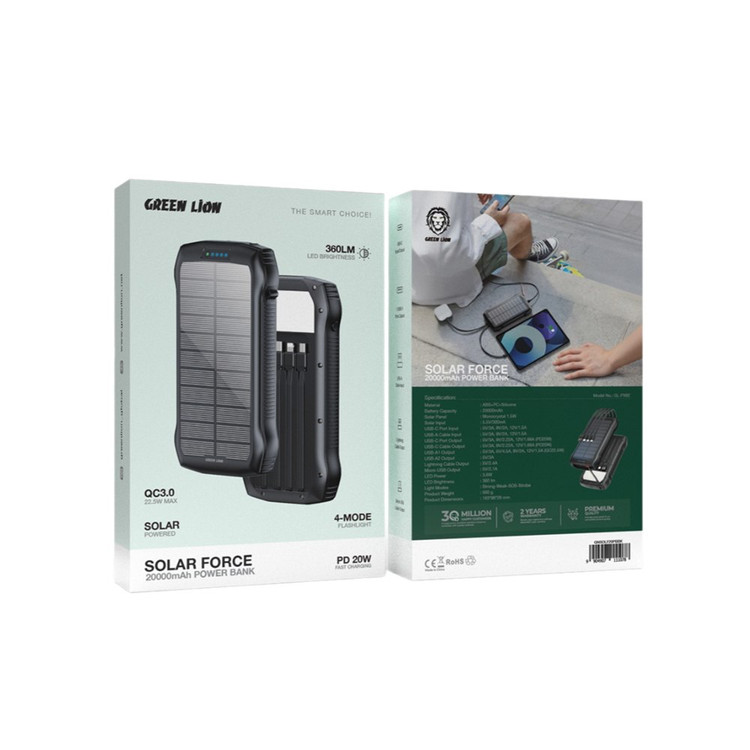 پاوربانک خورشیدی گرین لاین مدل GL-PX82 ظرفیت ۲۰۰۰۰ میلی آمپر با PD 20W