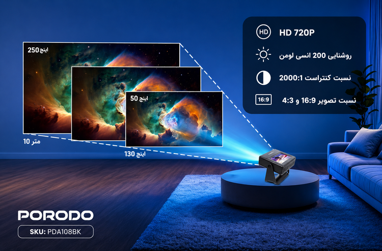 ویدئو پروژکتور هوشمند پرودو مدل PDA10B با شدت نور ۴۸۰ لومن