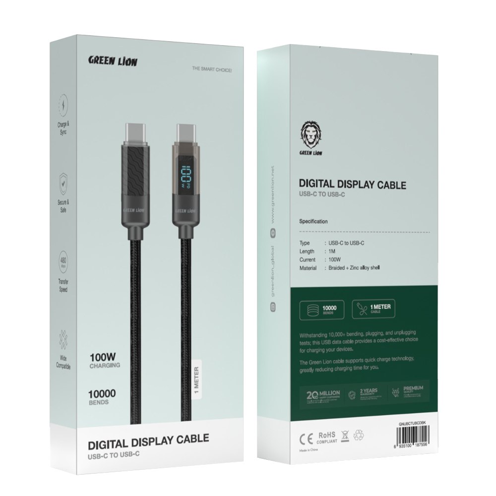 کابل شارژ Green Lion Digital Display USB-C to USB-C 100W