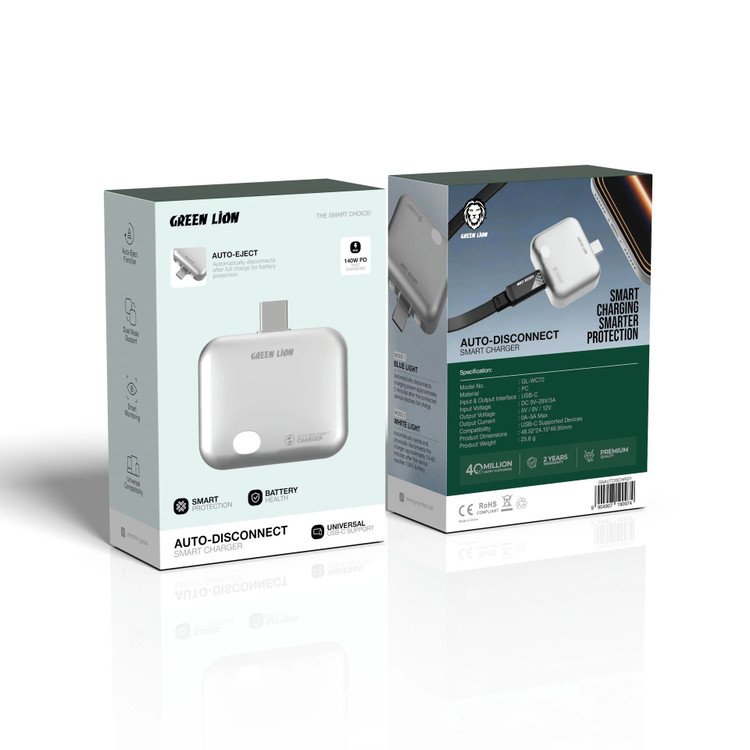 شارژر هوشمند قطعکن خودکار گرین لاین مدل GL-WC72 با توان 140 وات PD (Auto-Disconnect Smart Charger)