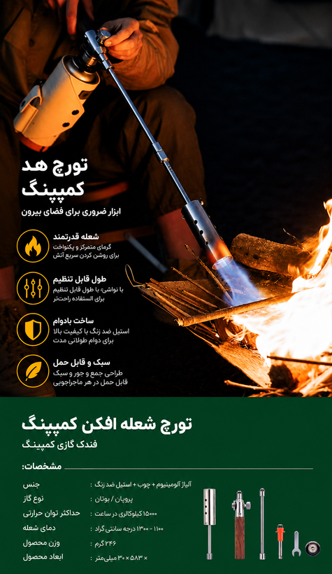 مشعل گازی فندکی کپسولی گرین لاین مدل Flame Torch ضد باد