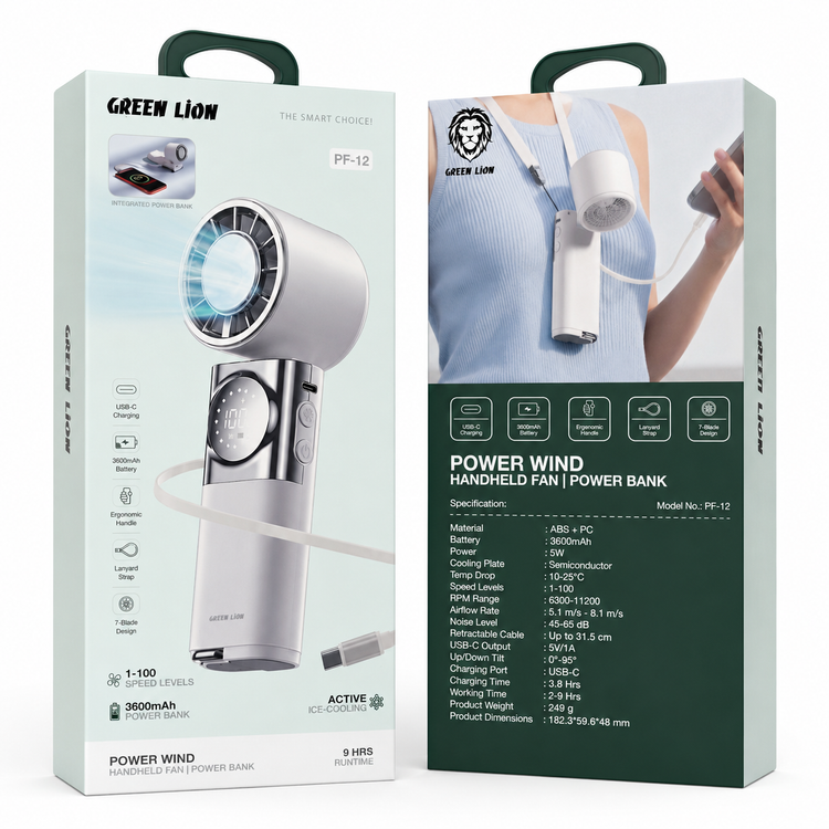 پنکه دستی و پاوربانک گرین لاین Green Lion Power Wind PF-12