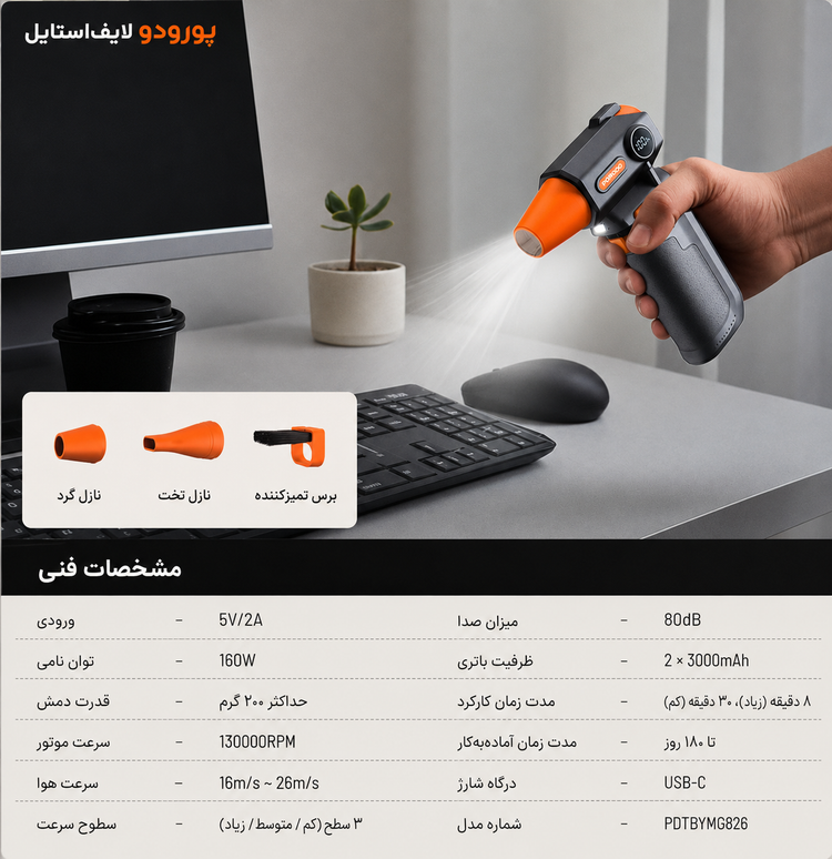 جت فن شارژی پرودو Porodo Turbo Air Duster مدل PDTBYMG826BK