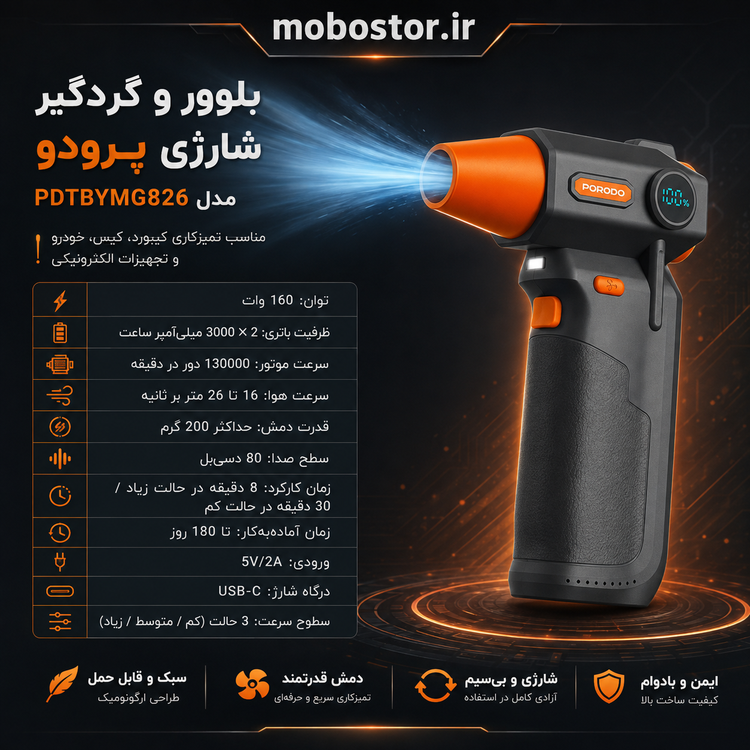 جت فن شارژی پرودو Porodo Turbo Air Duster مدل PDTBYMG826BK