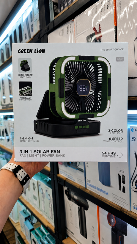 پنکه خورشیدی ۳ کاره گرین لاین مدل PF-25 با چراغ LED و پاوربانک 10000mAh