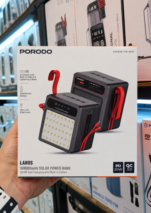 پاوربانک خورشیدی 160000 میلیآمپر Porodo LAROS PDPB160BK با شارژ سریع 22.5W