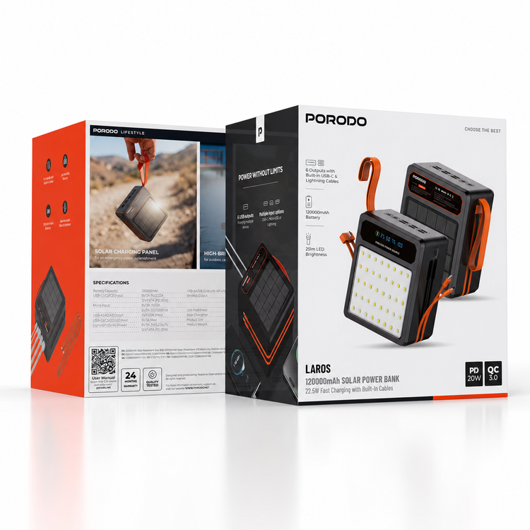 پاوربانک خورشیدی پرودو Porodo LAROS مدل PDPB120BK