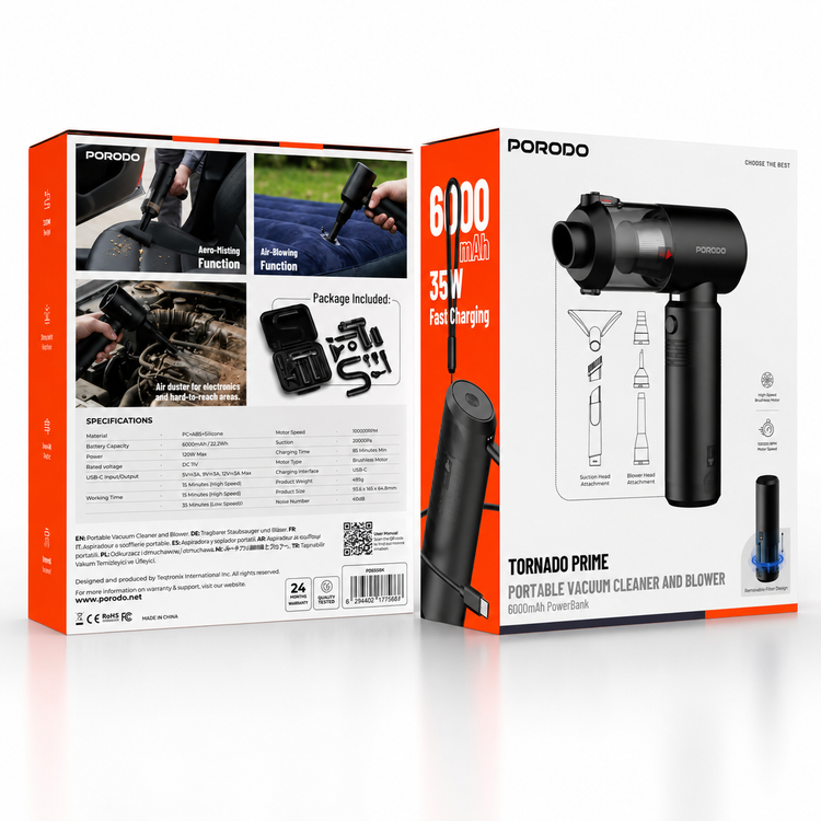جارو و دمنده شارژی پرودو مدل Tornado Prime با پاوربانک 6000mAh