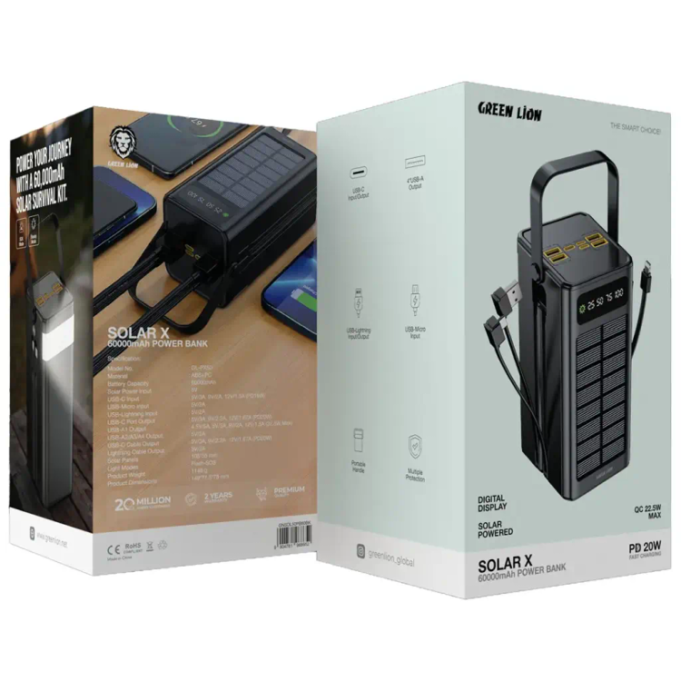 پاوربانک خورشیدی گرین لاین Solar X ظرفیت 60000 میلیآمپر ساعت با شارژ سریع PD 20W