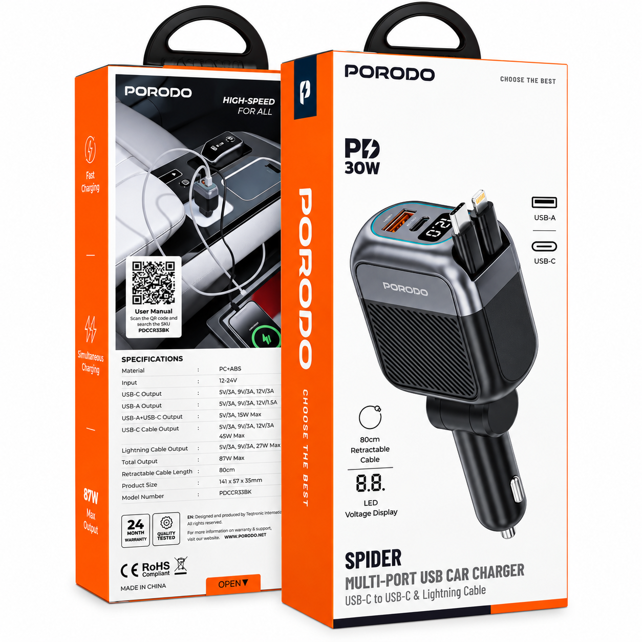 شارژر فندکی خودرو Porodo Spider Multi-Port USB Car Charger با کابلهای USB-C و Lightning – مشکی