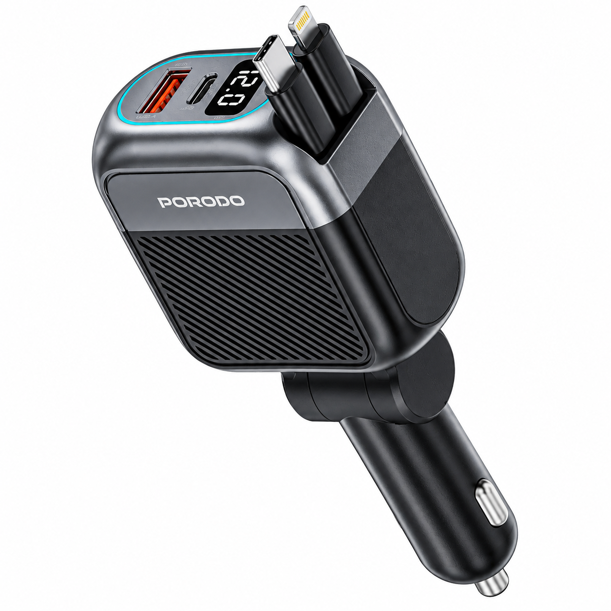 شارژر فندکی خودرو Porodo Spider Multi-Port USB Car Charger با کابلهای USB-C و Lightning – مشکی