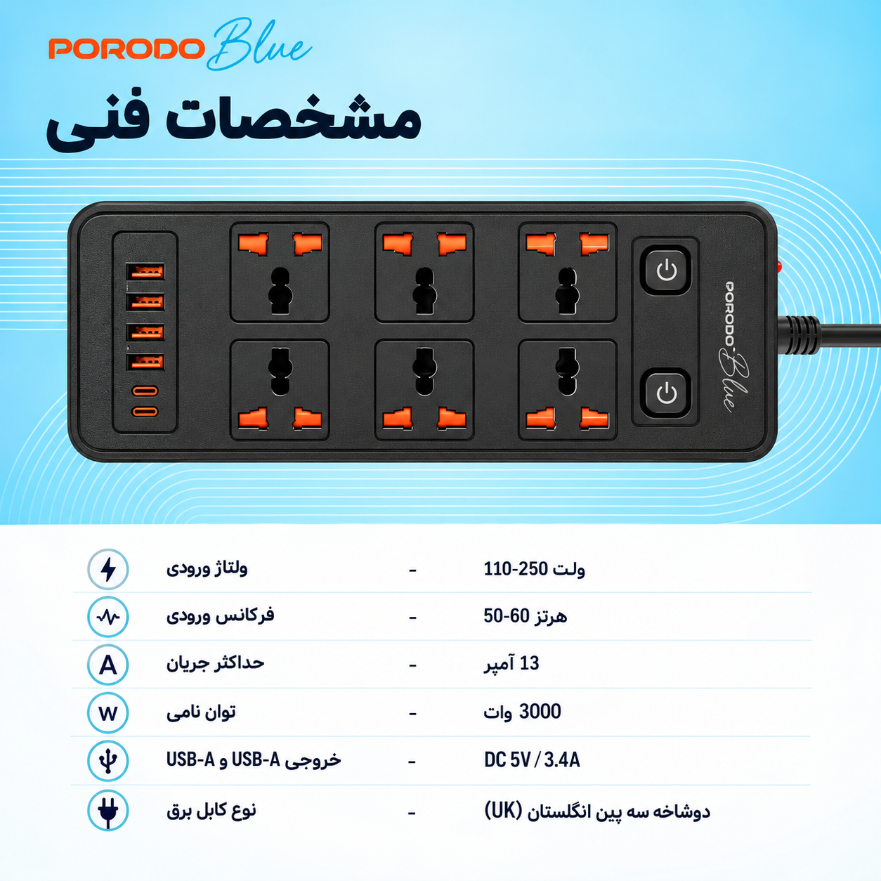 چندراهی برق پورودو بلو ۶ پریز با ۲ خروجی USB-C مدل PB-FWCH033-BK