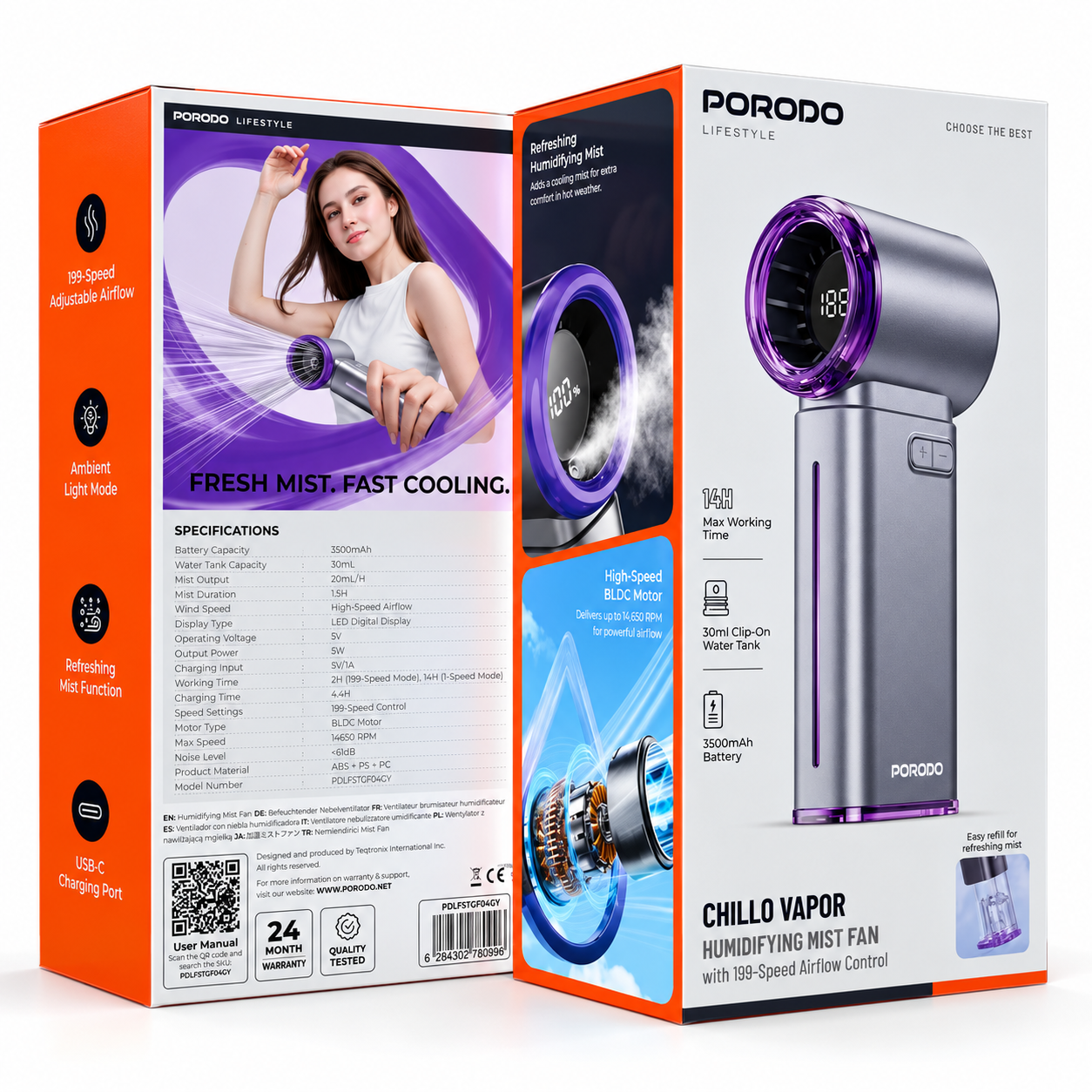 پنکه مهپاش پرودو مدل Chillo Vapor | خنککننده و رطوبتساز قابل حمل