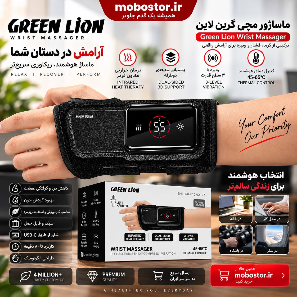 ماساژور مچ دست راست شارژی گرین لاین مدل GNWRSTMGRH