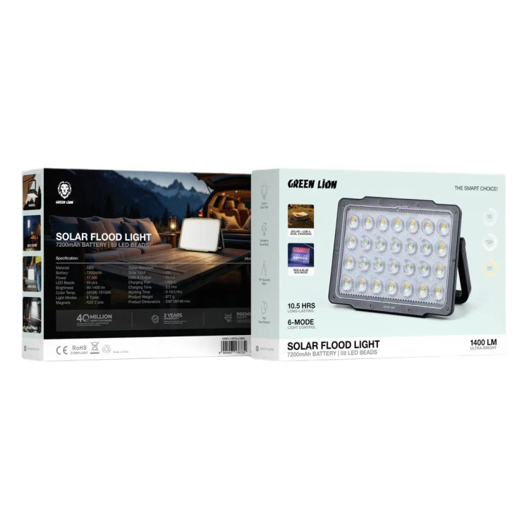 پروژکتور خورشیدی گرین لاین با باتری 7200 میلیآمپرساعت و 59 LED مدل GNFL14SOLLGBK