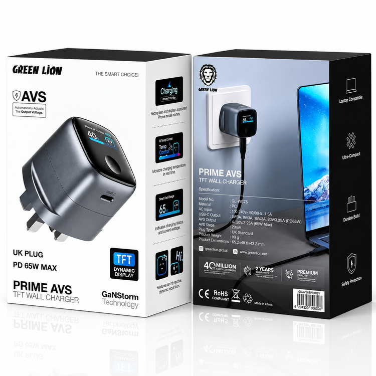 شارژر دیواری گرین لاین مدل Prime AVS TFT با توان ۶۵ وات و فناوری GaN