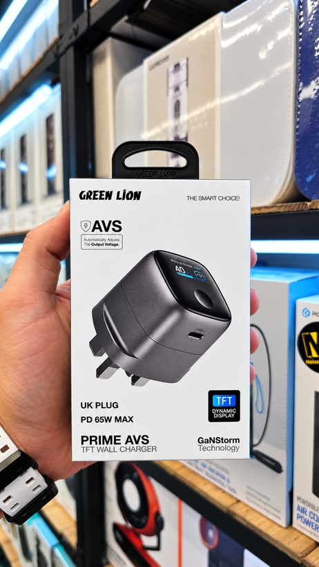 شارژر دیواری گرین لاین مدل Prime AVS TFT با توان ۶۵ وات و فناوری GaN
