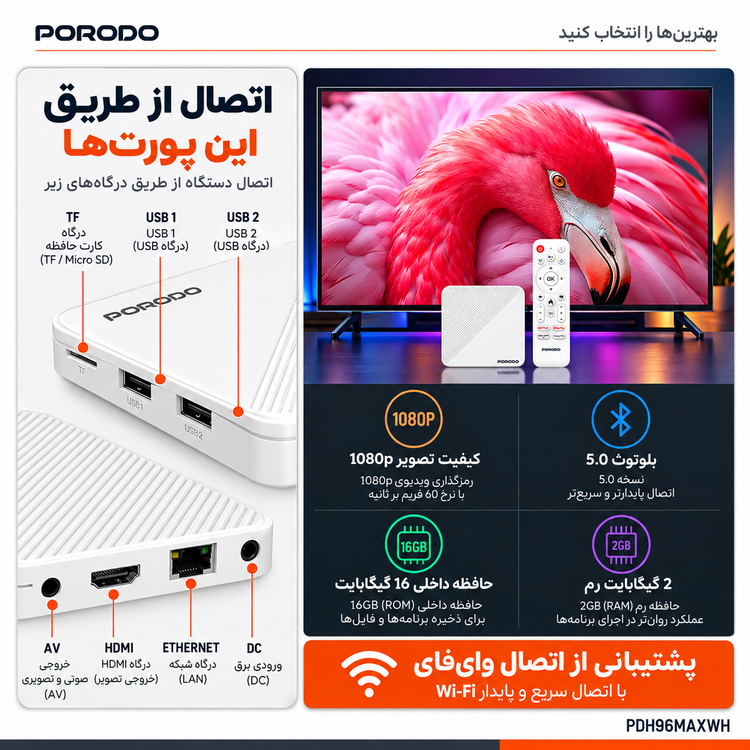 اندروید باکس پورودو مدل EchoBox با اندروید ۱۴، رم ۲ گیگابایت، حافظه ۱۶ گیگابایت و پشتیبانی از 4K و HDR – سفید