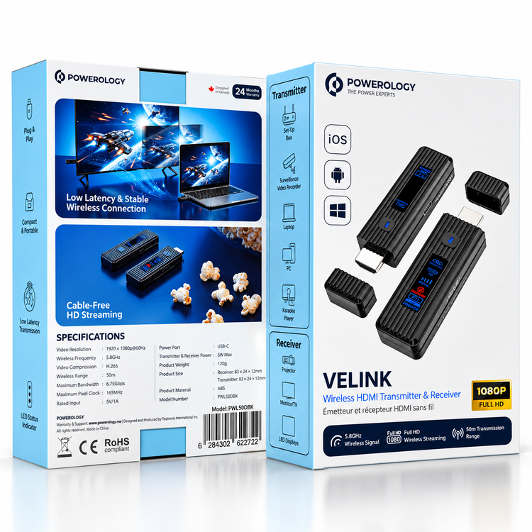 دانگل بیسیم HDMI پاورولوژی مدل VELINK PWL50DBK فرستنده و گیرنده تصویر با کیفیت Full HD