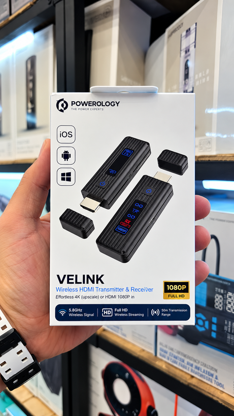 دانگل بیسیم HDMI پاورولوژی مدل VELINK PWL50DBK فرستنده و گیرنده تصویر با کیفیت Full HD