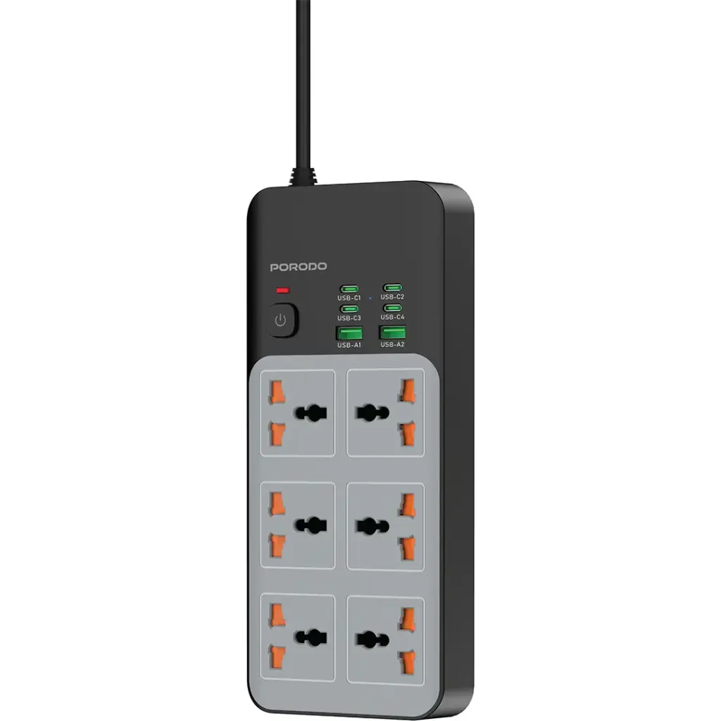 چندراهی برق پرودو مدل PDFWCH100GY با ۶ پریز یونیورسال و ۶ درگاه USB