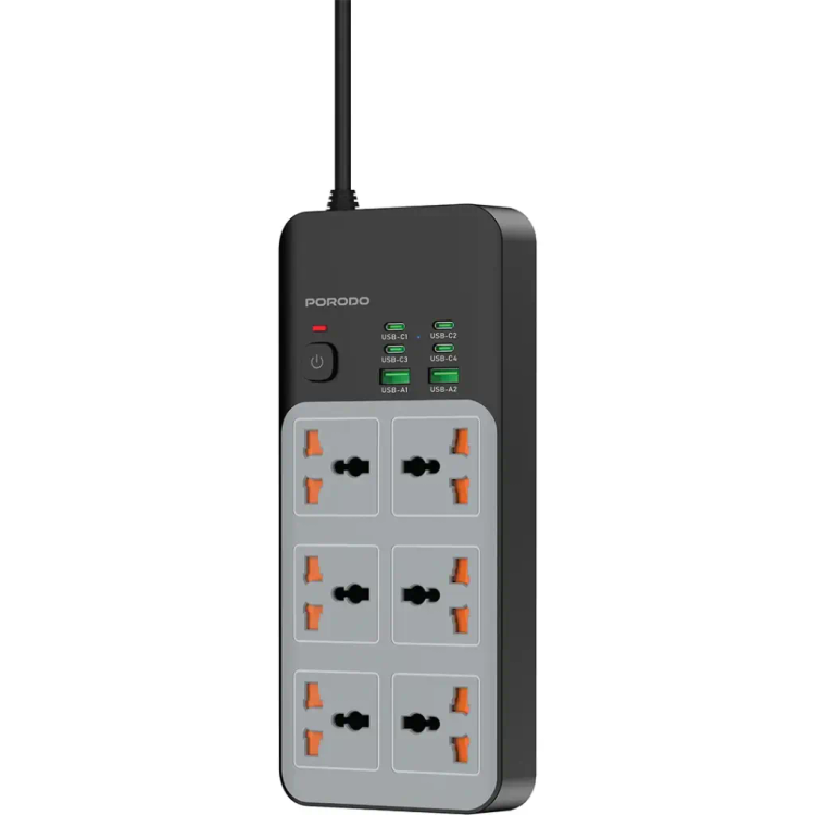 چندراهی برق پرودو مدل PDFWCH100GY با ۶ پریز یونیورسال و ۶ درگاه USB