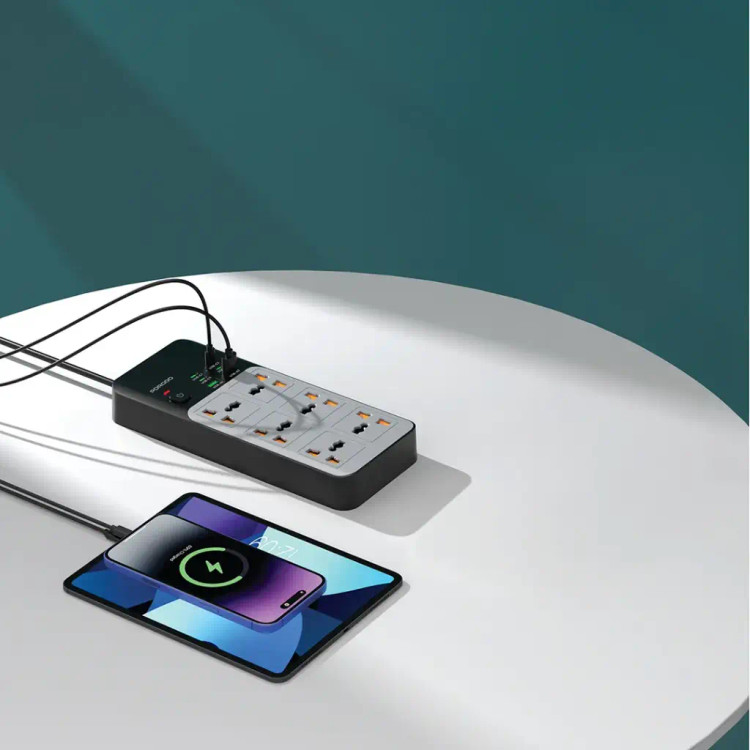 چندراهی برق پرودو مدل PDFWCH100GY با ۶ پریز یونیورسال و ۶ درگاه USB