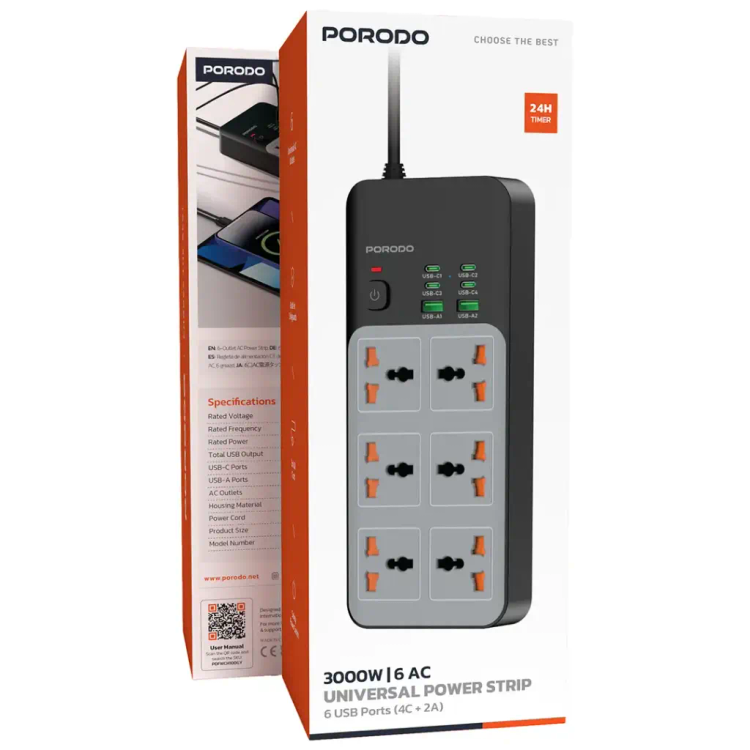 چندراهی برق پرودو مدل PDFWCH100GY با ۶ پریز یونیورسال و ۶ درگاه USB