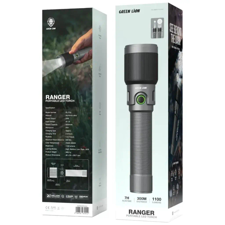 چراغ قوه شارژی گرین لاین Ranger مدل GL-FL4 با نور ۱۱۰۰ لومن