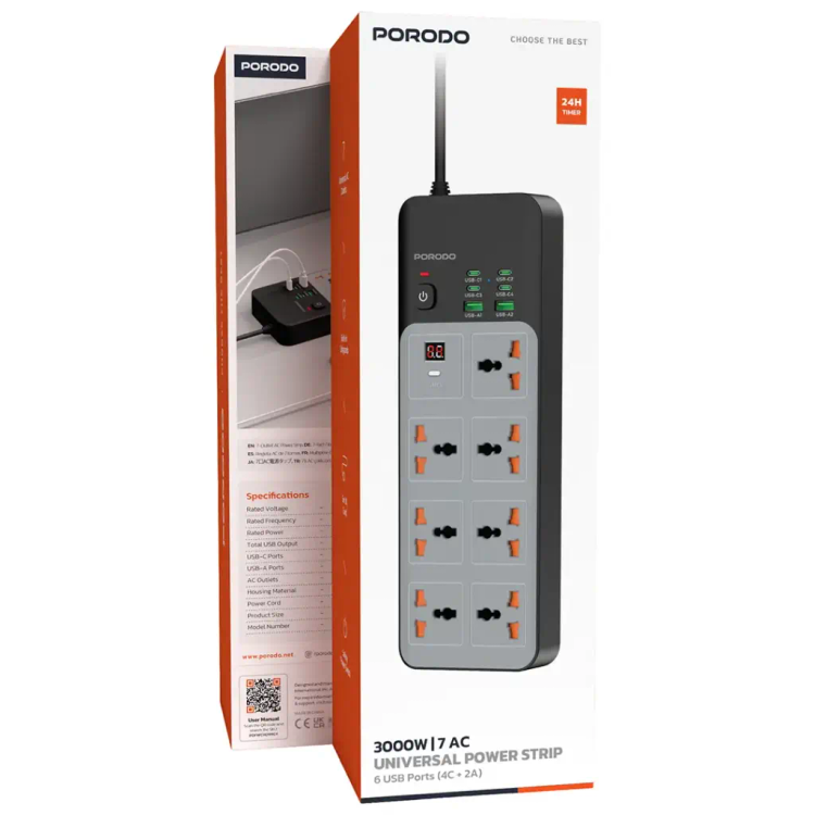 چندراهی برق پرودو مدل PDFWCH099GY با ۷ پریز یونیورسال و ۶ درگاه USB