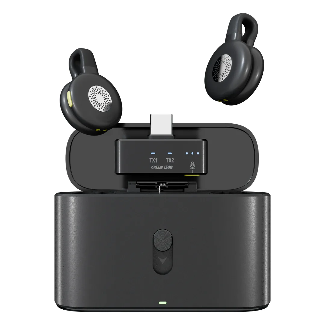 میکروفون بی‌سیم گرین لاین مدل Green Lion GM-95X با دو میکروفون، گیرنده USB-C و محفظه شارژ