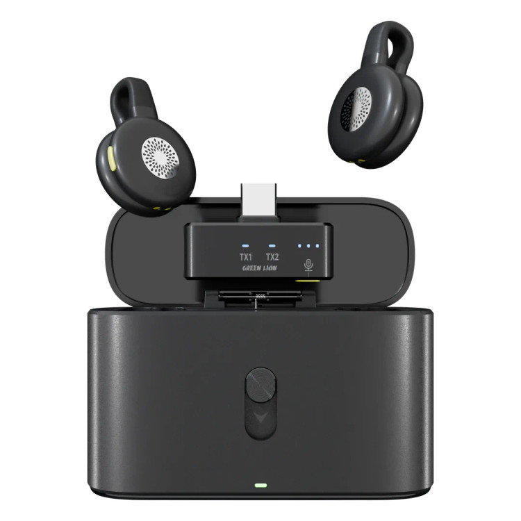 میکروفون بیسیم گرین لاین مدل Green Lion GM-95X با دو میکروفون، گیرنده USB-C و محفظه شارژ