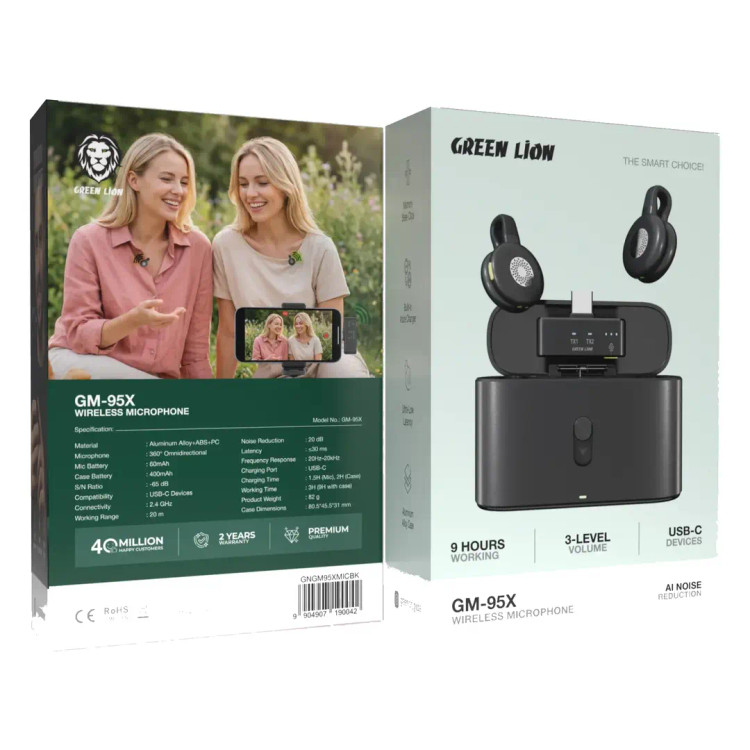 میکروفون بیسیم گرین لاین مدل Green Lion GM-95X با دو میکروفون، گیرنده USB-C و محفظه شارژ