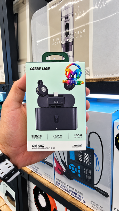 میکروفون بیسیم گرین لاین مدل Green Lion GM-95X با دو میکروفون، گیرنده USB-C و محفظه شارژ